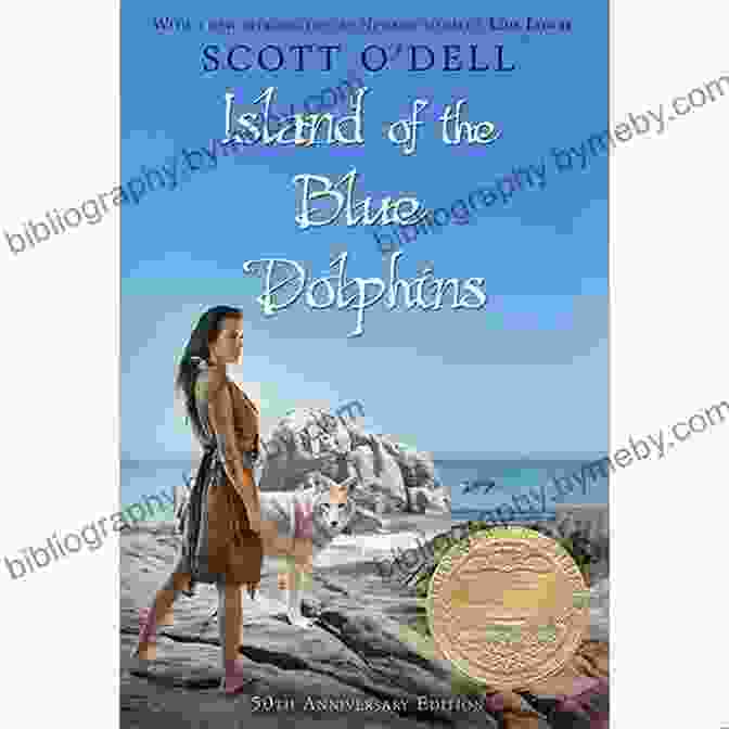 Island Of The Blue Dolphins Book Cover, Featuring A Young Girl Standing On A Rocky Shore With A Dolphin Swimming In The Ocean Island Of The Blue Dolphins